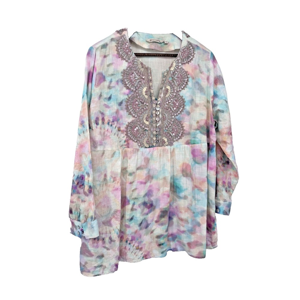 Soft Surroundings Bed of Roses Tunic PXL Cotton Watercolor Beaded Boho Top